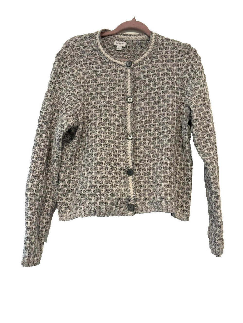 J Crew sz L cotton linen blend black/cream button cardigan preppy sweater C